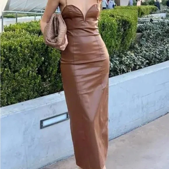 ZARA CARAMEL FAUX LEATHER Dress NWT - Picture 2 of 3